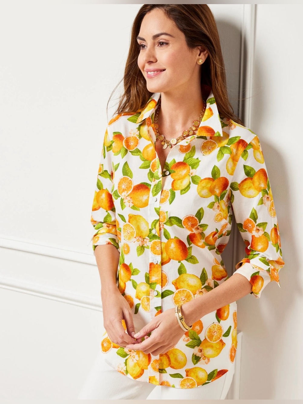 Talbots Cotton Button Front Shirt Lemons & Oranges Size S